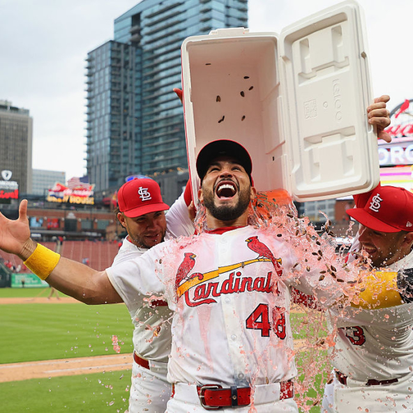 The Cardinals celebrating a win over the Pirates with a Gatorade bucket