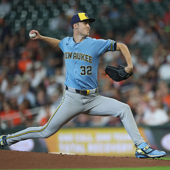 Jacob Misiorowski of the Brewers pitching against the Astros and finishing off a May for the ages