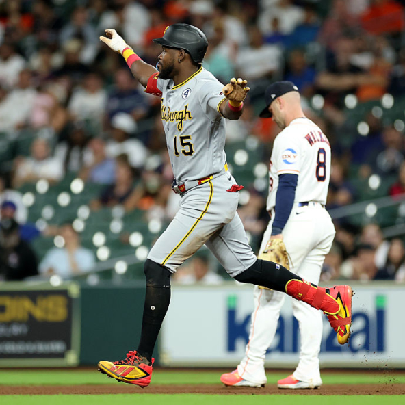 Oneil Cruz of the Pirates celebrating a homer against the Astros