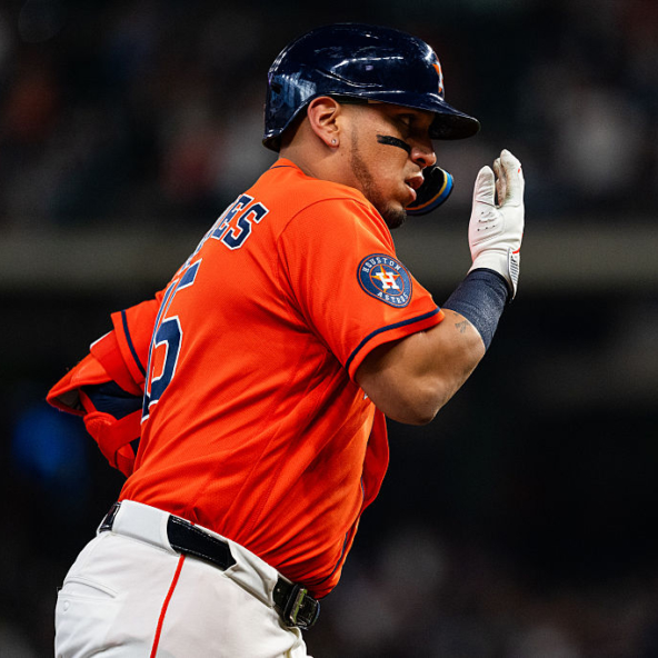 Isaac Paredes of the Astros running out a home run against the Athletics