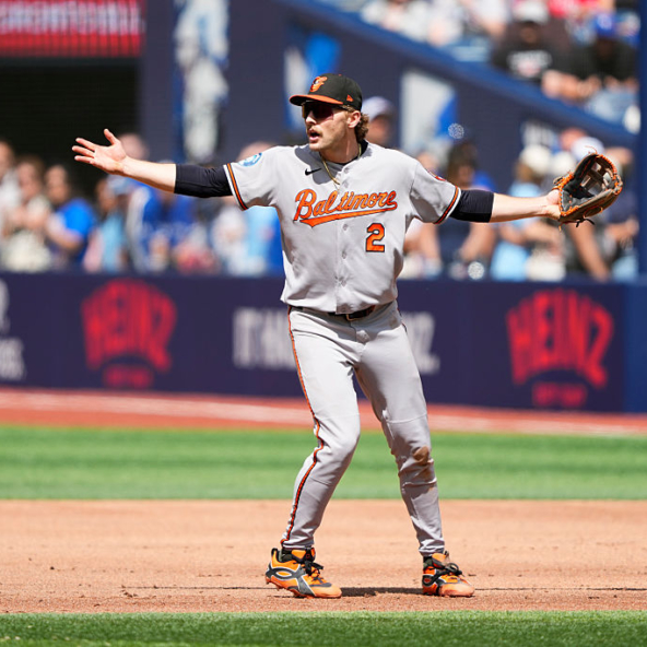 Gunnar Henderson of the Orioles protesting an umpire "base line" decision he didn't like against the Blue Jays