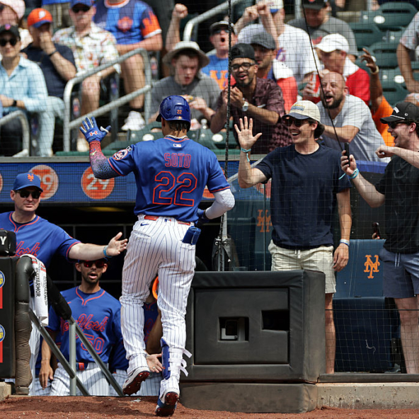 Members of the Mets celebrating a Juan Soto home run against the Cardinals