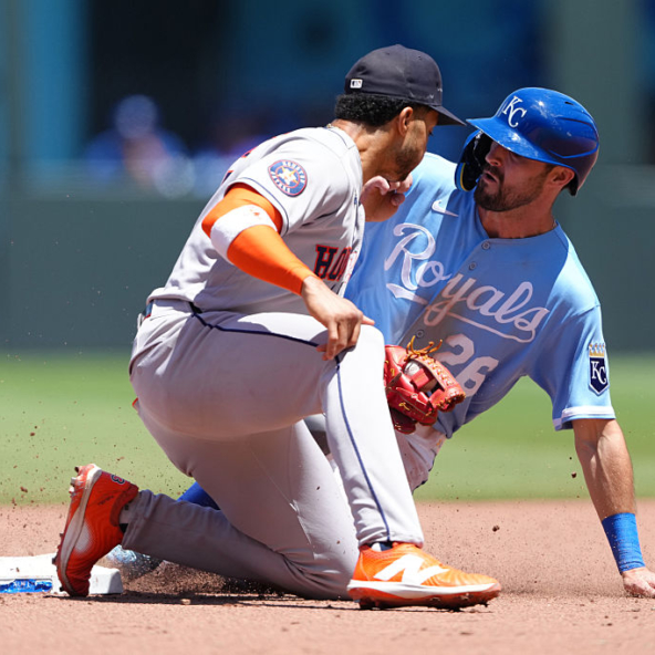 Kameron Misner of the Royals stealing second against the Astros