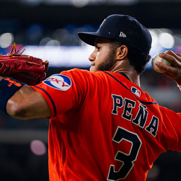 Jeremy Peña of the Astros warming up before his team's game against the Guardians