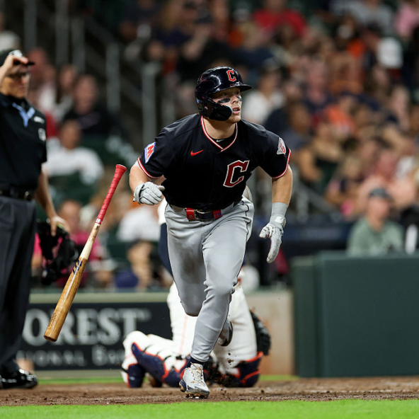 Travis Bazzana of the Guardians hitting a home run against the Astros