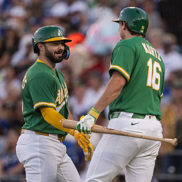 Athletics catcher Shea Langeliers and first baseman Nick Kurtz, both 2026 All-Stars, celebrating a home run
