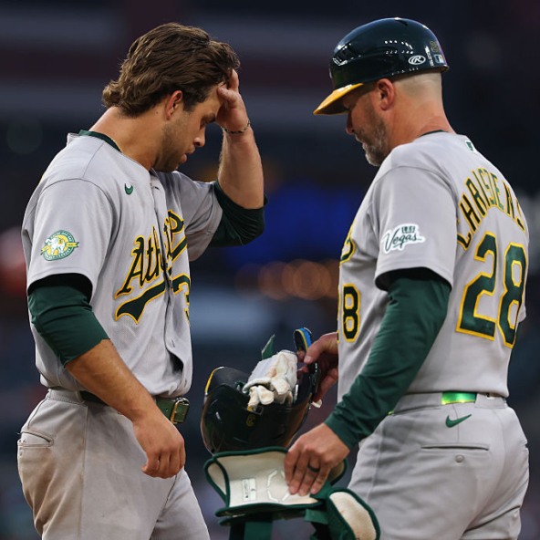 Max Muncy of the Athletics after an inning-ending flyout against the Tigers