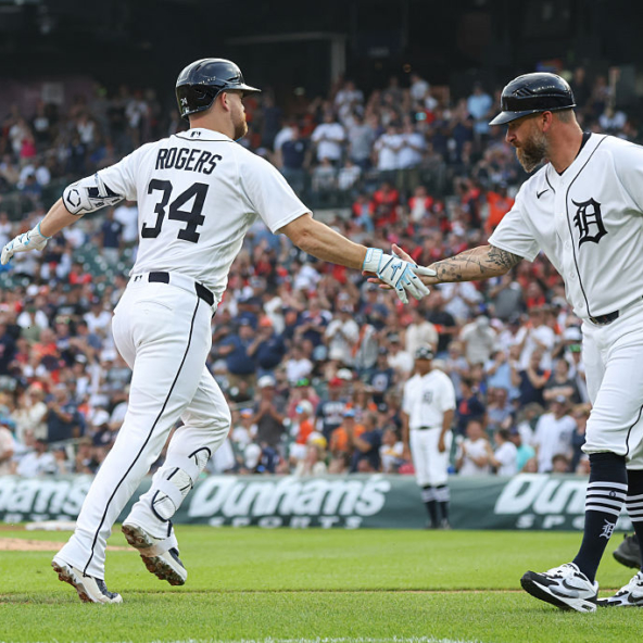 Jake Rogers of the Tigers celebrating a pinch-homer against the Athletics