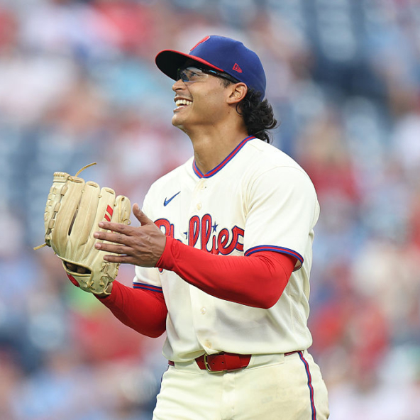 Jesus Luzardo of the Phillies celebrating against the Mets