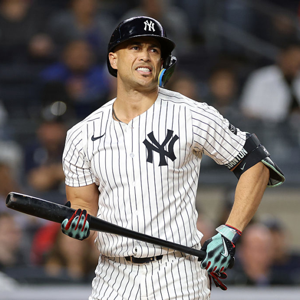 Giancarlo Stanton of the Yankees grimacing after striking out against the Angels