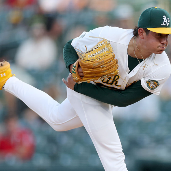 Gage Jump of the Athletics pitching against the Twins