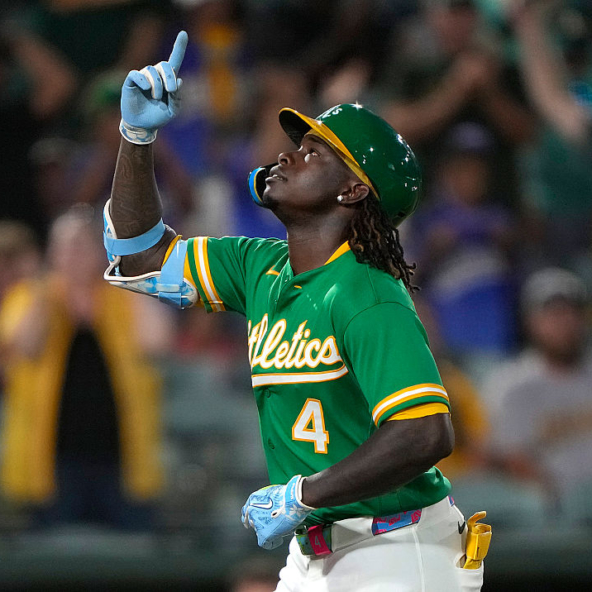 Lawrence Butler of the Athletics celebrating a home run against the Twins