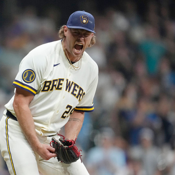 Trevor Megill of the Brewers celebrating a win. Megill was the Reliever Roundup and Bullpen Bonanza NL Closer of the Month for August.