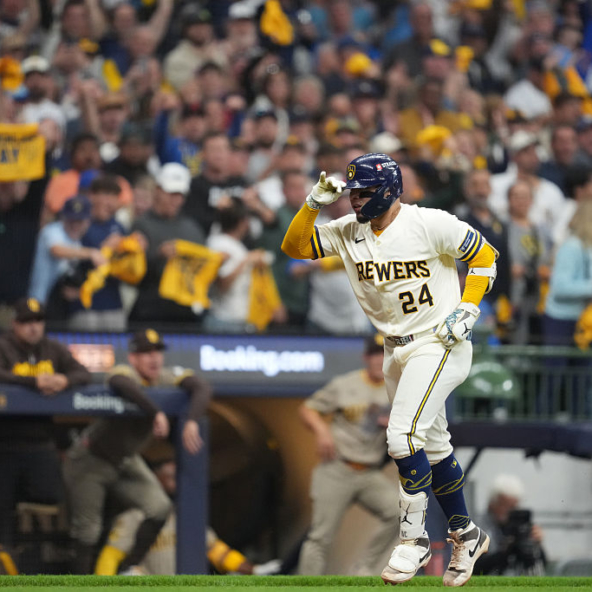 William Contreras of the Brewers celebrating while running out a homer against the Padres in Game One of the 2026 NLDS