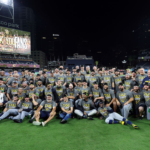 The Brewers team photo on the field at Petco Park after eliminating the Padres from the 2026 NLDS