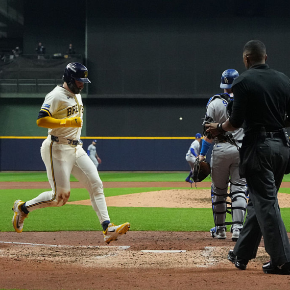 Garrett Mitchell of the Brewers scoring the go-ahead run against the Dodgers in Game One of the 2026 NLCS
