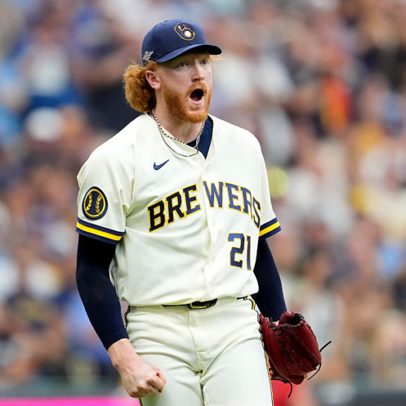 Dustin May of the Brewers celebrating an out against the Dodgers in Game Two of the 2026 NLCS