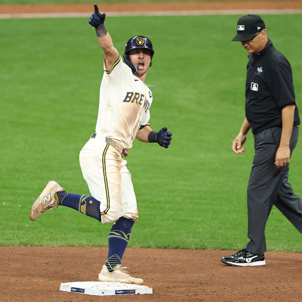 Sal Frelick of the Brewers running the bases after hitting a game-tying homer against the Rays in the bottom of the sixth of Game Two of the 2026 World Series