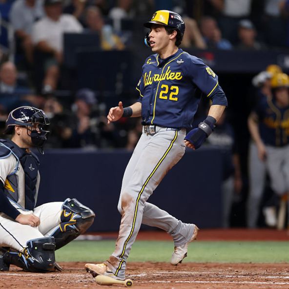 Christian Yelich of the Brewers scoring a run against the Rays in the 8-run fifth inning of Game Three of the 2026 World Series