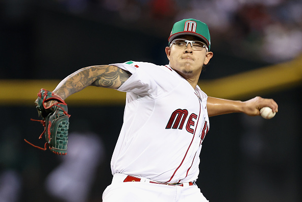 Julio Urias throwing a pitch in the Mexico-Colombia game from the World Baseball Classic.