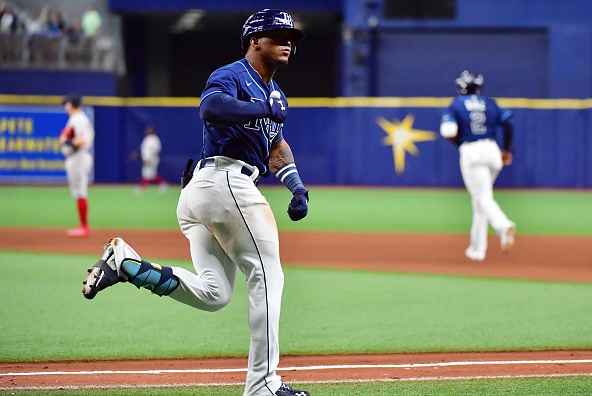 Wander Franco, a member of the 2023 Tampa Bay Rays, runs the bases.