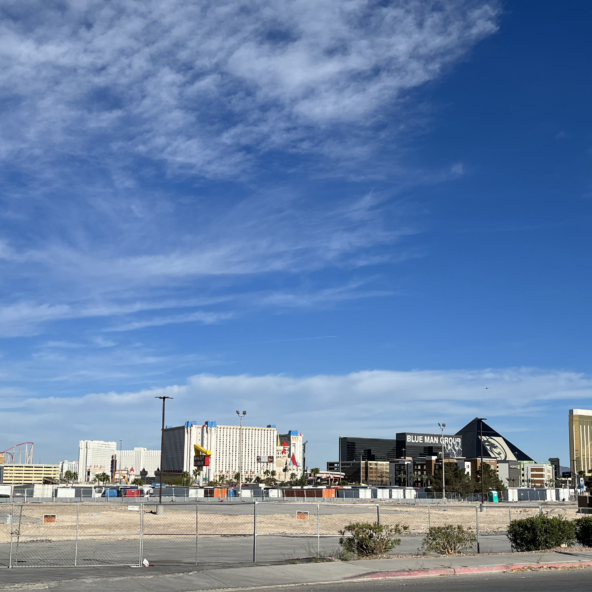 The Athletics new land purchase with Las Vegas skyline from left to right: T-Mobile Arena, Hotel and Casinos New York-New York (behind T-Mobile Arena), Tropicana Las Vegas, Excalibur, Luxor, Mandalay Bay, & Delano