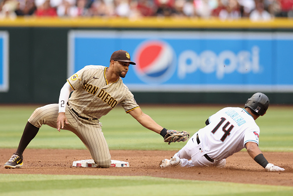 Bogaerts tagging Moreno in the Padres - Diamondbacks game.