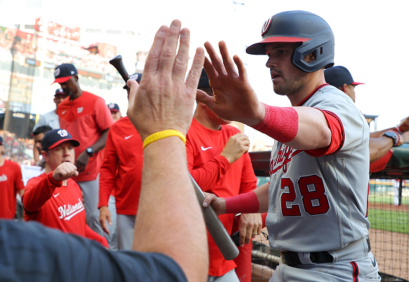 Lane Thomas getting high-fives from teammates