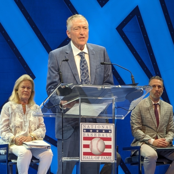 Pat Hughes delivering his acceptance speech after receiving the 2023 Ford C. Frick Award for excellence in broadcasting