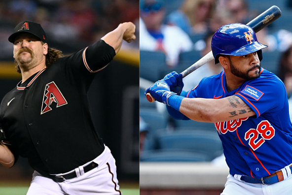 Andrew Chafin throwing a pitch, Tommy Pham batting. The Arizona Diamondbacks traded Chafin to the Milwaukee Brewers Tuesday and traded a young prospect to the New York Mets in exchange for Pham.