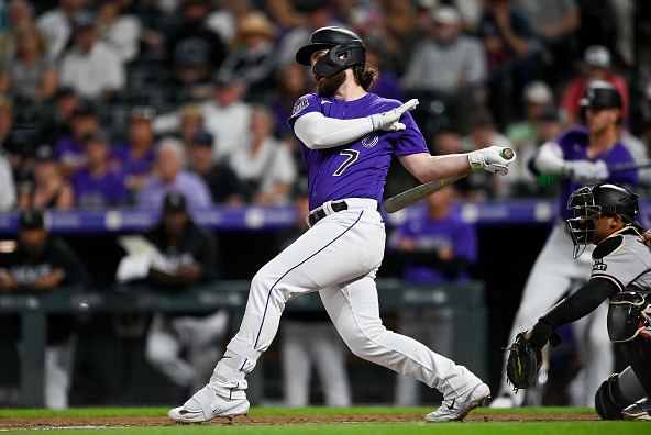 Brendan Rodgers of the Rockies hitting a game-tying two-run single against the Diamondbacks