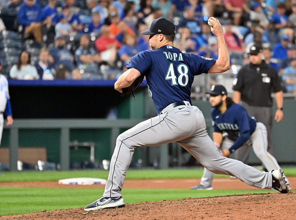 A pitch being thrown by Justin Topa, whose Mariners are second in Week 21's bullpen/reliever/relief corps rankings