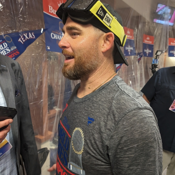 Ian Kennedy in the clubhouse during the celebration after his Texas Rangers won the 2023 World Series.