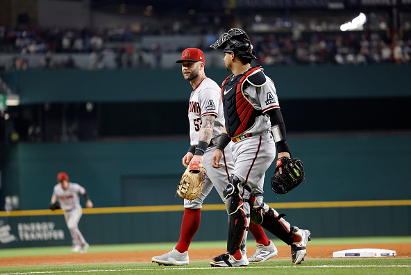 Christian Walker and Gabriel Moreno of the Arizona Diamondbacks. Both won a Gold Glove award for 2023.